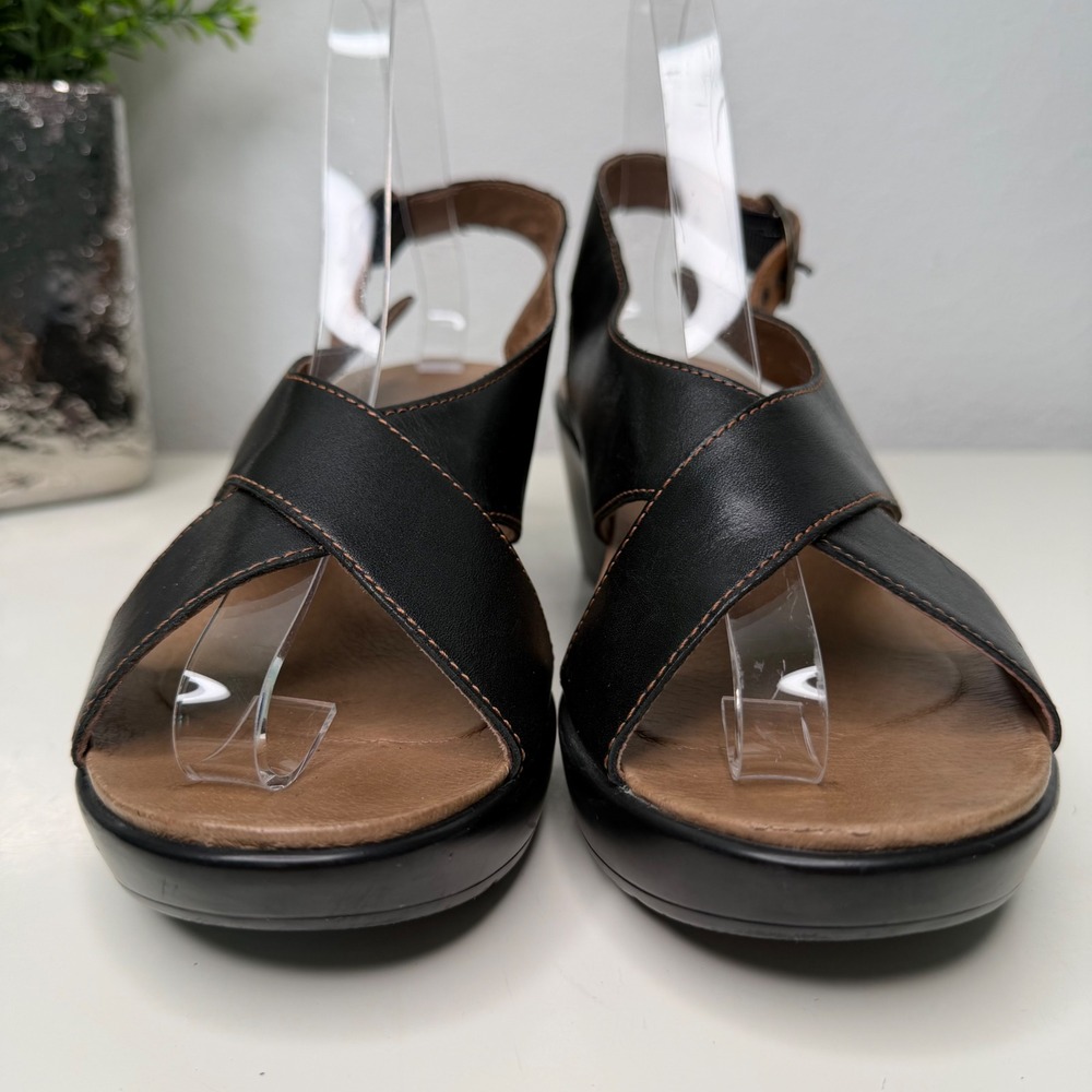 Dansko Jacinda Wedge Sandals Black Leather Cross Strap Comfort Boho 38EU/7.5-8US - Picture 4 of 11